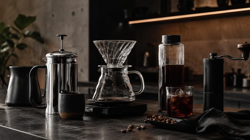 EMBR° brew objects on a dark counter — French press, pour-over, grinder, and coffee