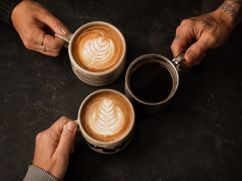 Hands holding coffee mugs with latte art on a dark stone surface